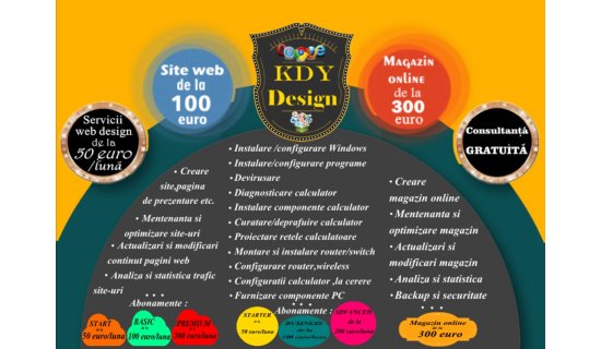 KDY Design ofera servicii de Creare Website Prezentare, Magazin Online, Promovare Online, Mentenanta , Administrare si Servicii IT
