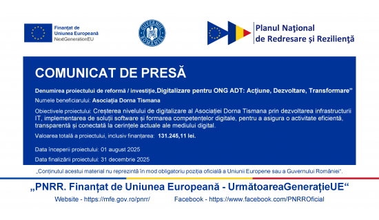 Asociatia Dorna Tismana implementeaza proiectul Digitalizare pentru ONG ADT Actiune, Dezvoltare, Transformare